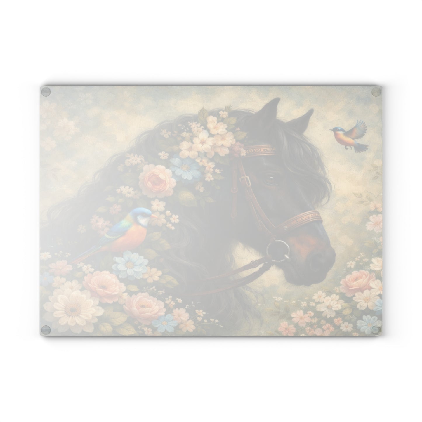 Floral Horse Glass Cutting Board – Elegant Country Farmhouse Kitchen Decor with Birds and Garden Flowers