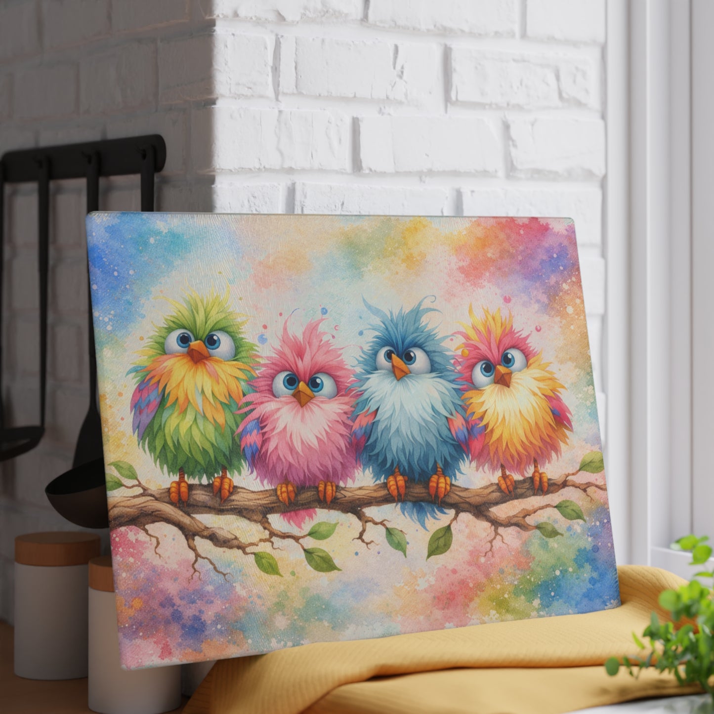 Colorful Birds on a Branch Glass Cutting Board – Whimsical Farmhouse Kitchen Decor with Bright Watercolor Style