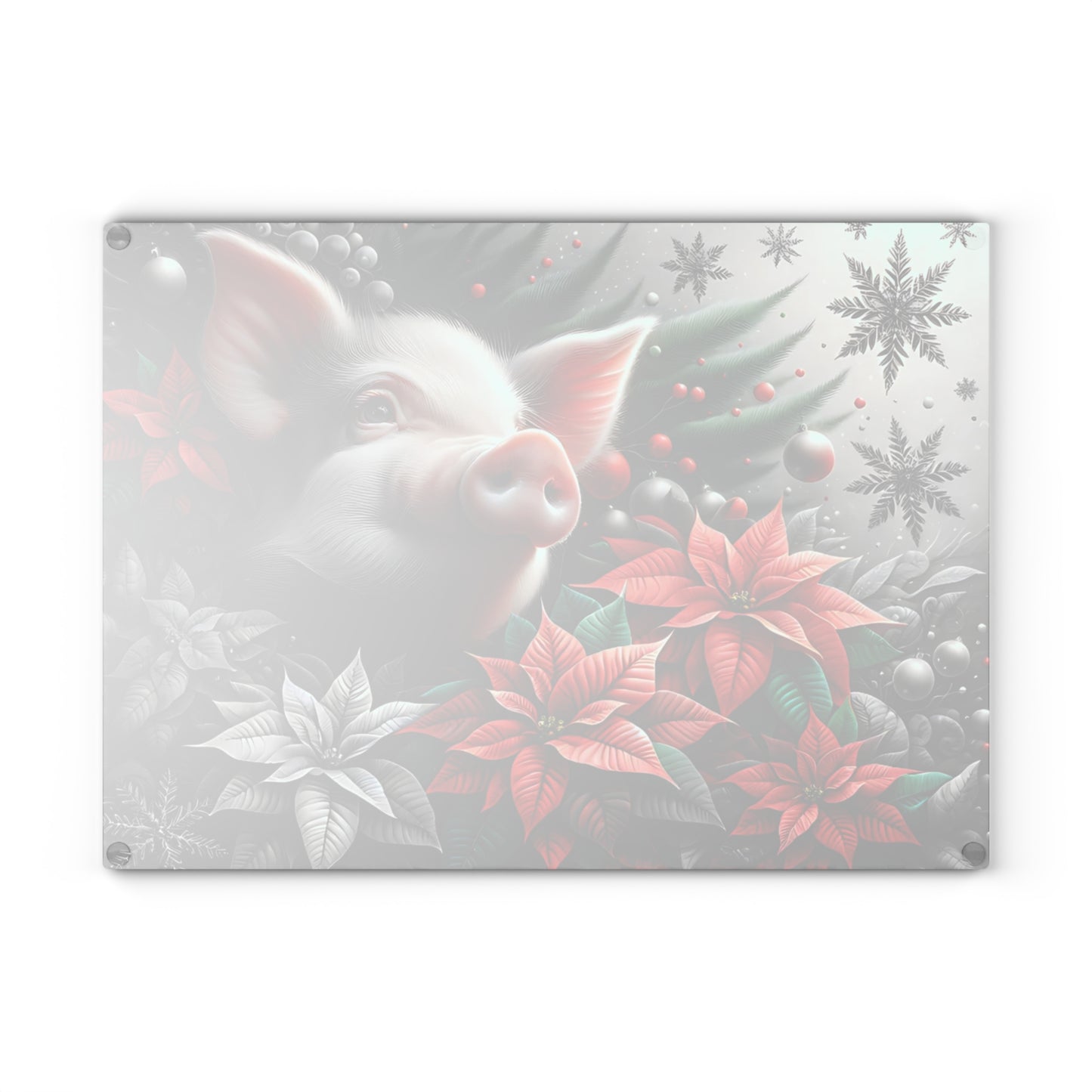 🐷✨ “Holiday Poinsettia Pig” Glass Cutting Board – Festive Farmhouse Cheer for Your Kitchen