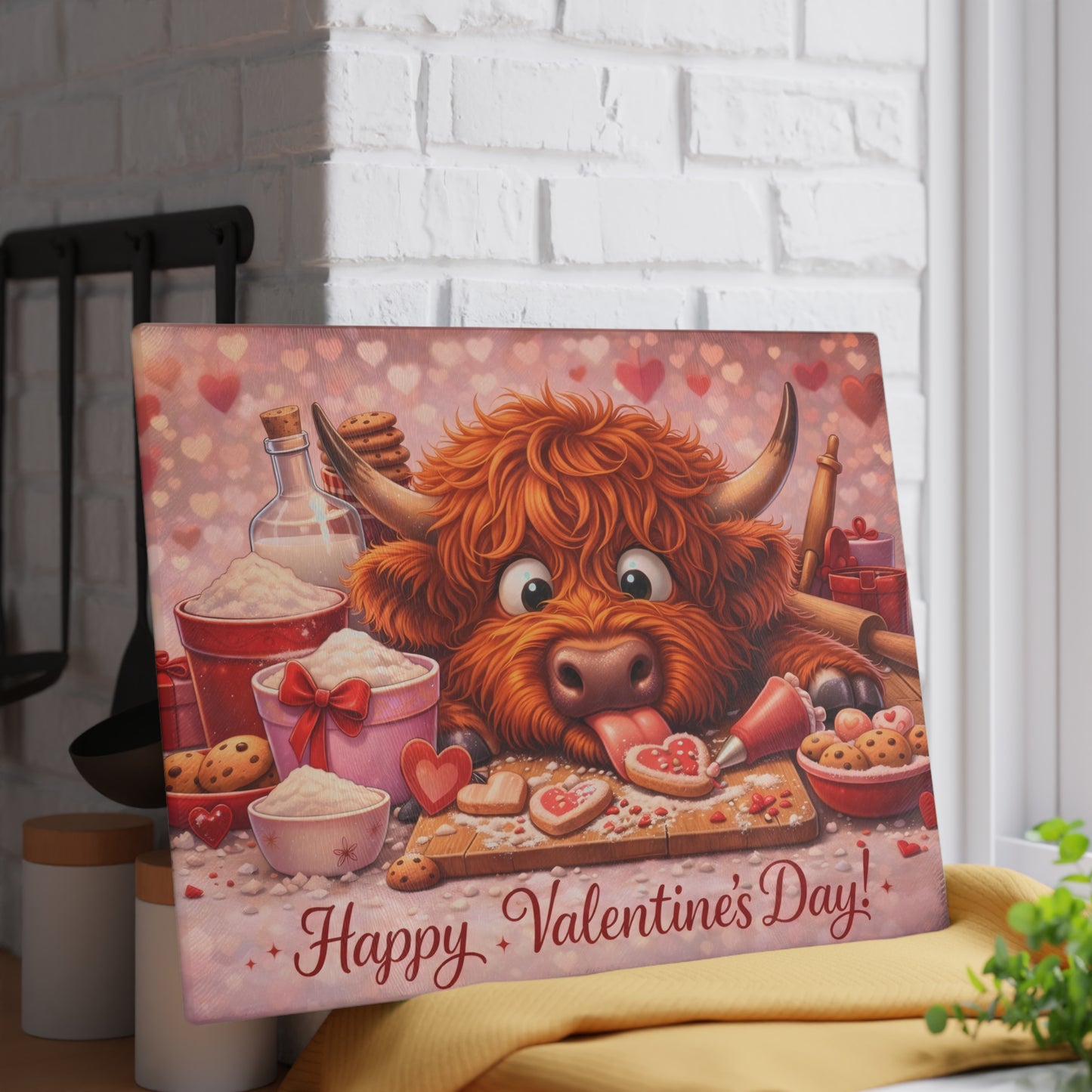 Valentine Highland Cow Baking Glass Cutting Board – Sweet Farmhouse Love Kitchen Decor