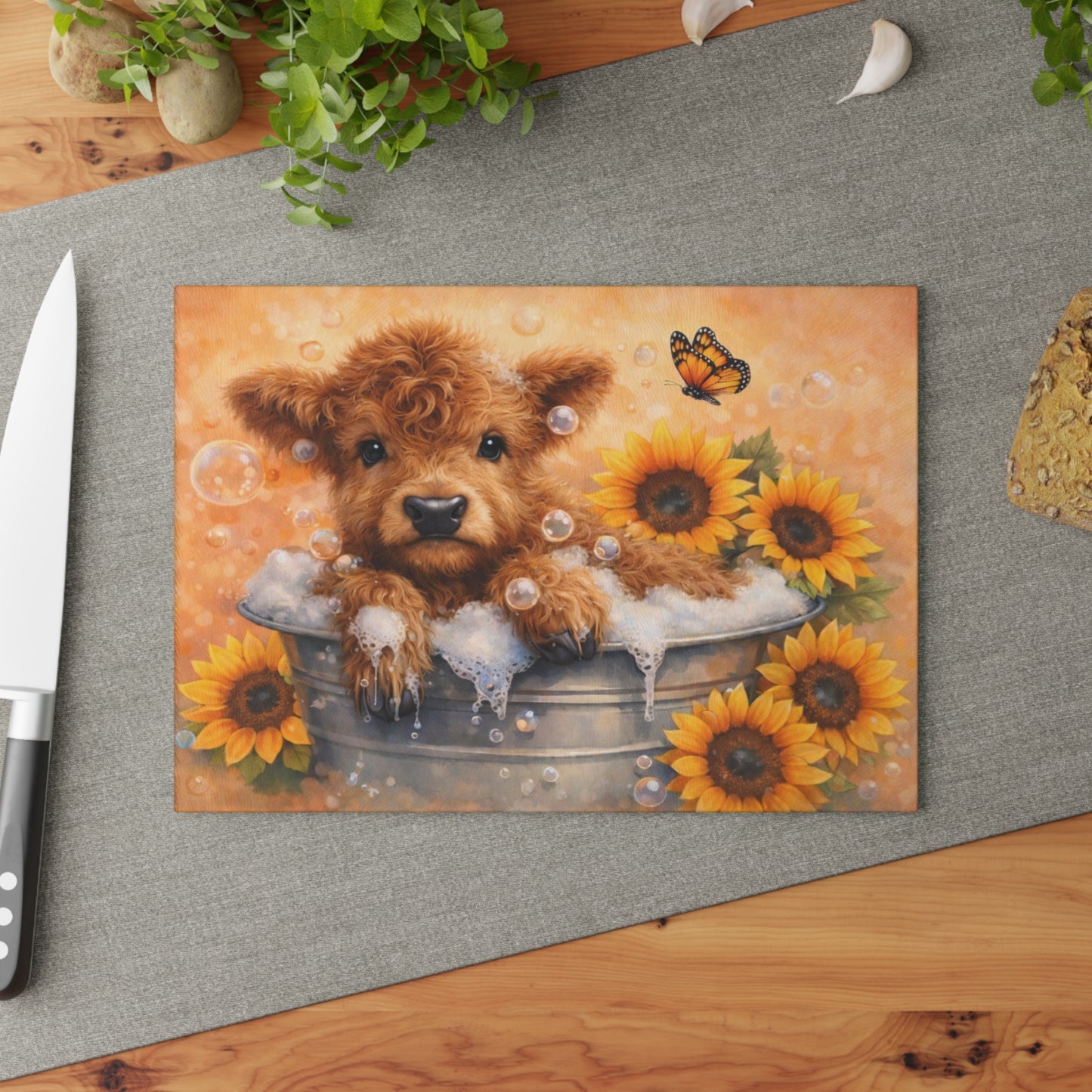Highland Calf Bubble Bath Glass Cutting Board – Farmhouse Kitchen Decor