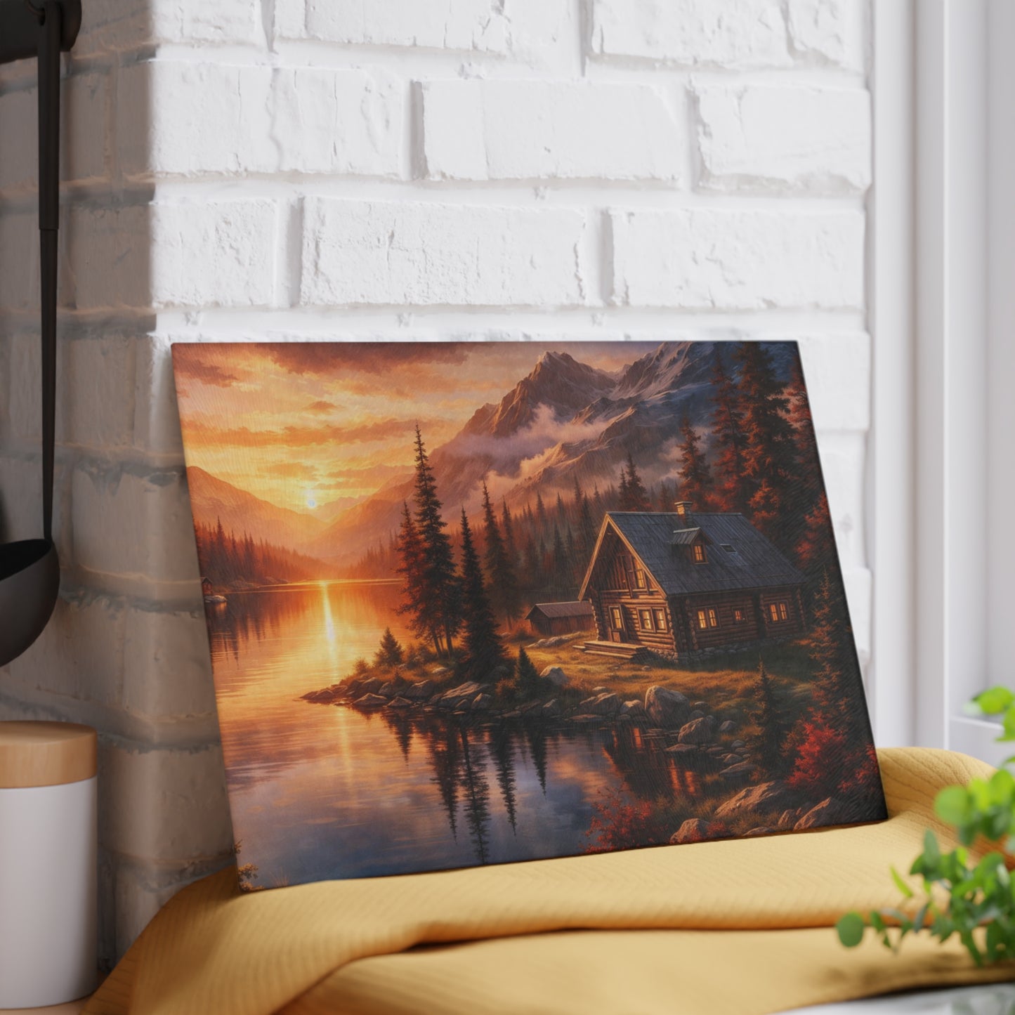 Mountain Cabin Sunset Glass Cutting Board – Rustic Lake Lodge Kitchen Art