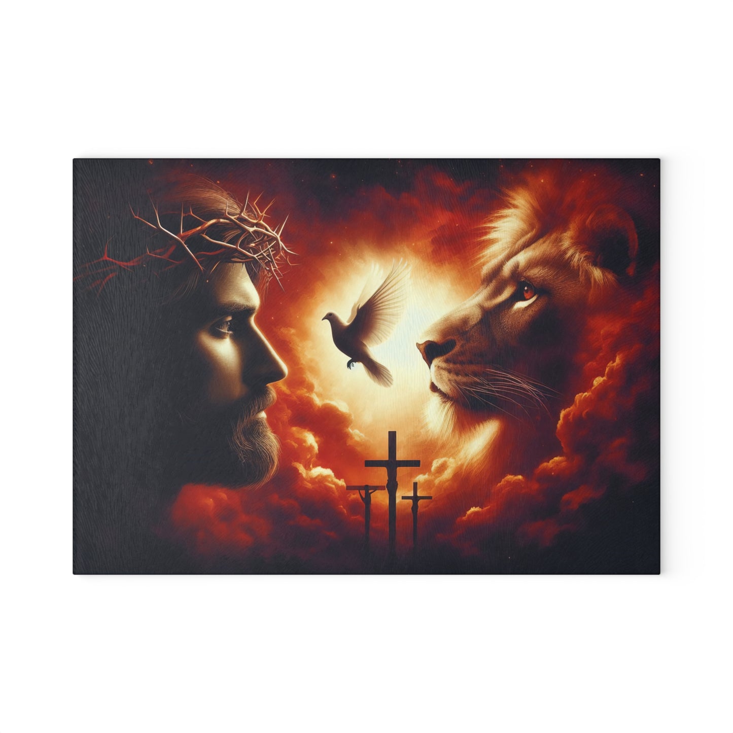 Sacred Light Glass Cutting Board – Faith-Inspired Lion, Dove & Cross Artwork Kitchen Display
