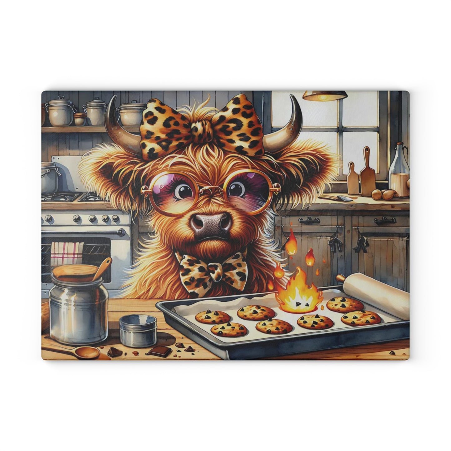 🐮🔥 Rustic Cow Art Glass Cutting Board – Country Charm for Your Kitchen