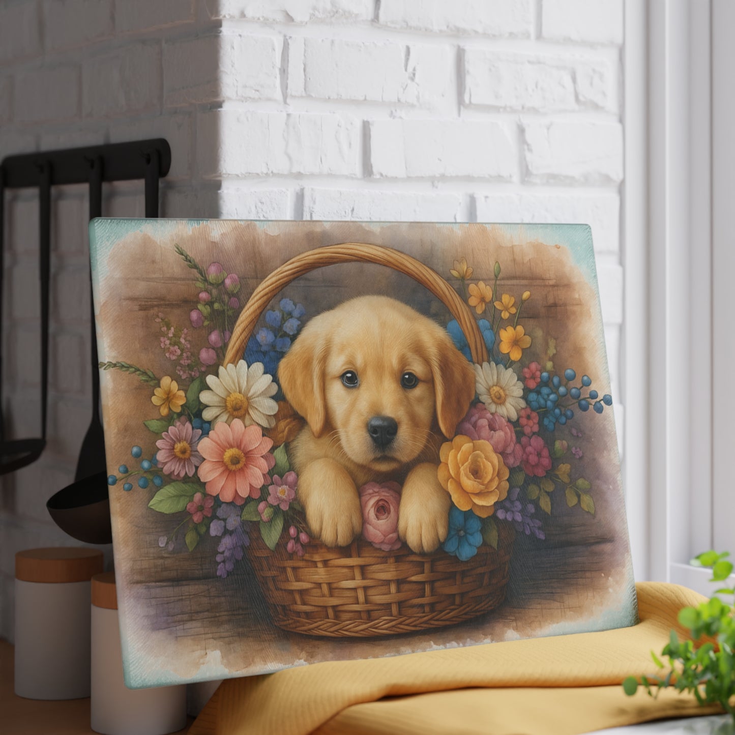 🐾🌼 Golden Puppy in Basket Cutting Board – Timeless Sweetness for Your Kitchen 🌸