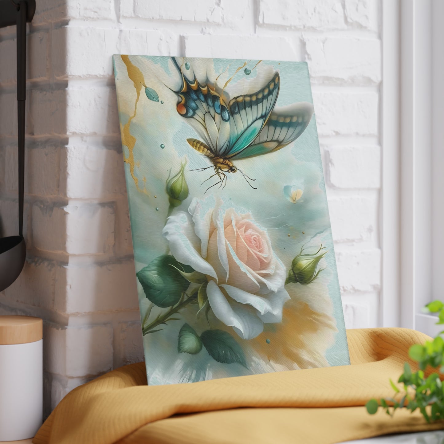 Butterfly & Single Rose Glass Cutting Board – Graceful Beauty for Your Kitchen