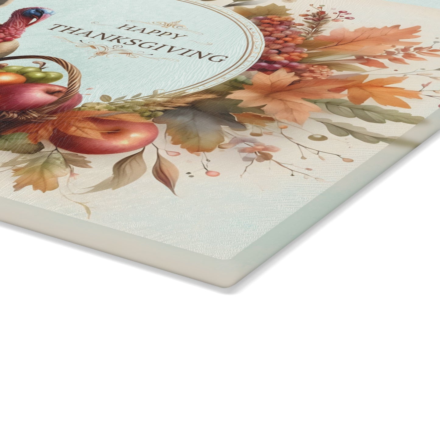 🦃🍁 “Happy Thanksgiving” Turkey & Harvest Basket Glass Cutting Board – Elegant Fall Décor ✨🌾