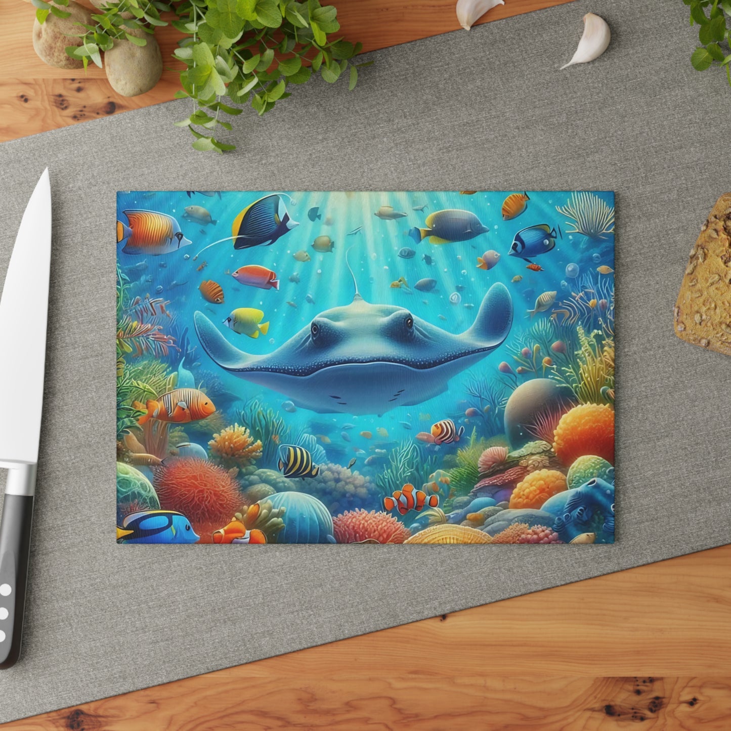 Tabla de cortar de vidrio con diseño de raya y arrecife de coral: decoración de cocina con vida marina y peces de agua salada