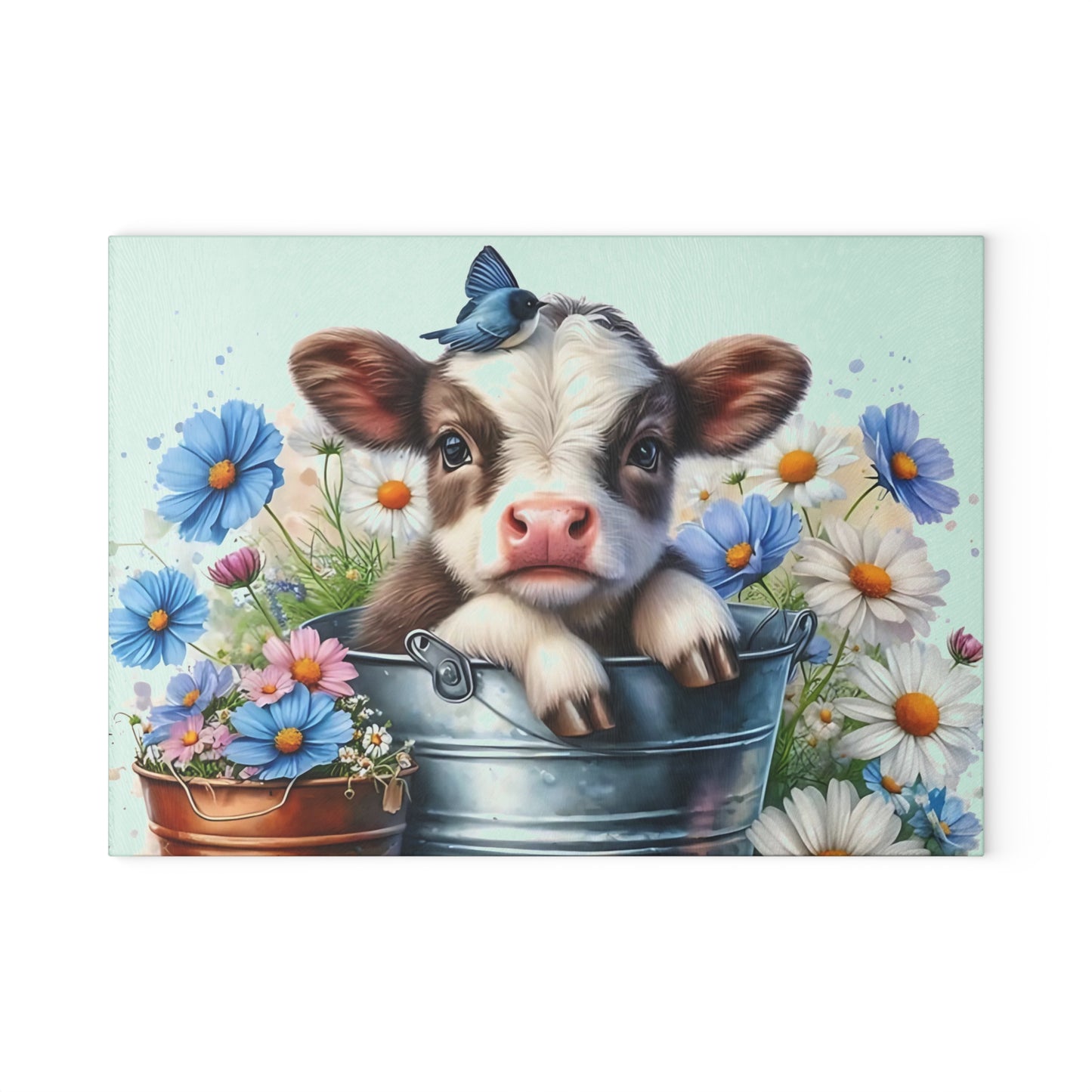 🐮 Baby Cow in Bucket with Blue Daisies Cutting Board – Farmhouse Charm for Your Kitchen 🌼