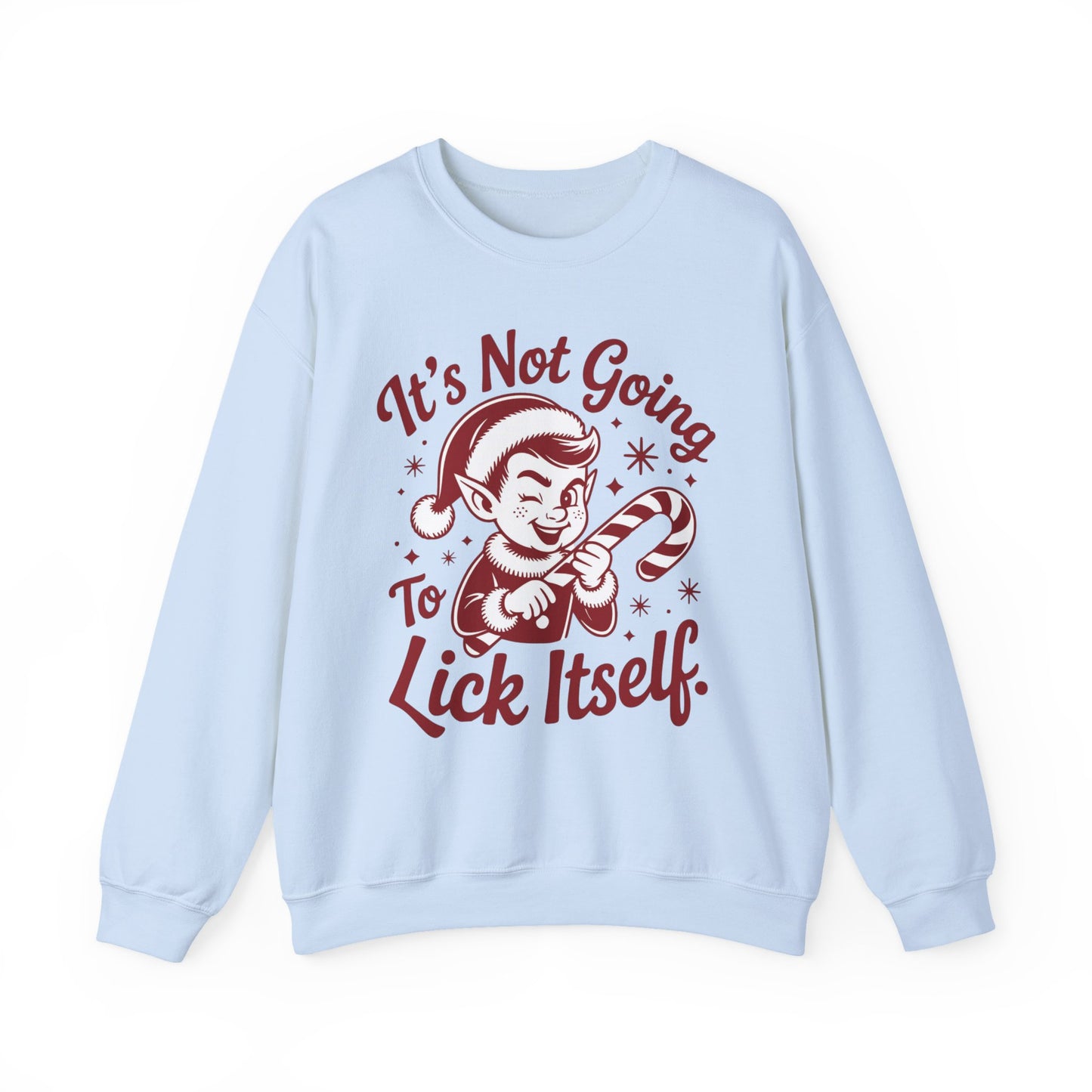 🍭😅 “It’s Not Going To Lick Itself” Men’s Funny Elf Sweatshirt – Bold Candy Cane Humor Crewneck