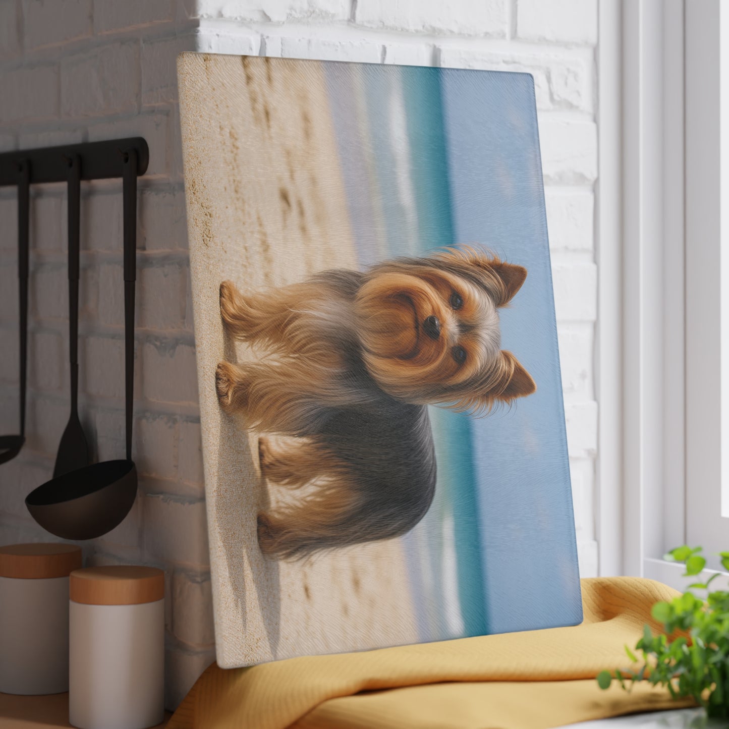 🐾🌊 Yorkie by the Ocean Cutting Board – Breezy Elegance for Your Kitchen 🌴