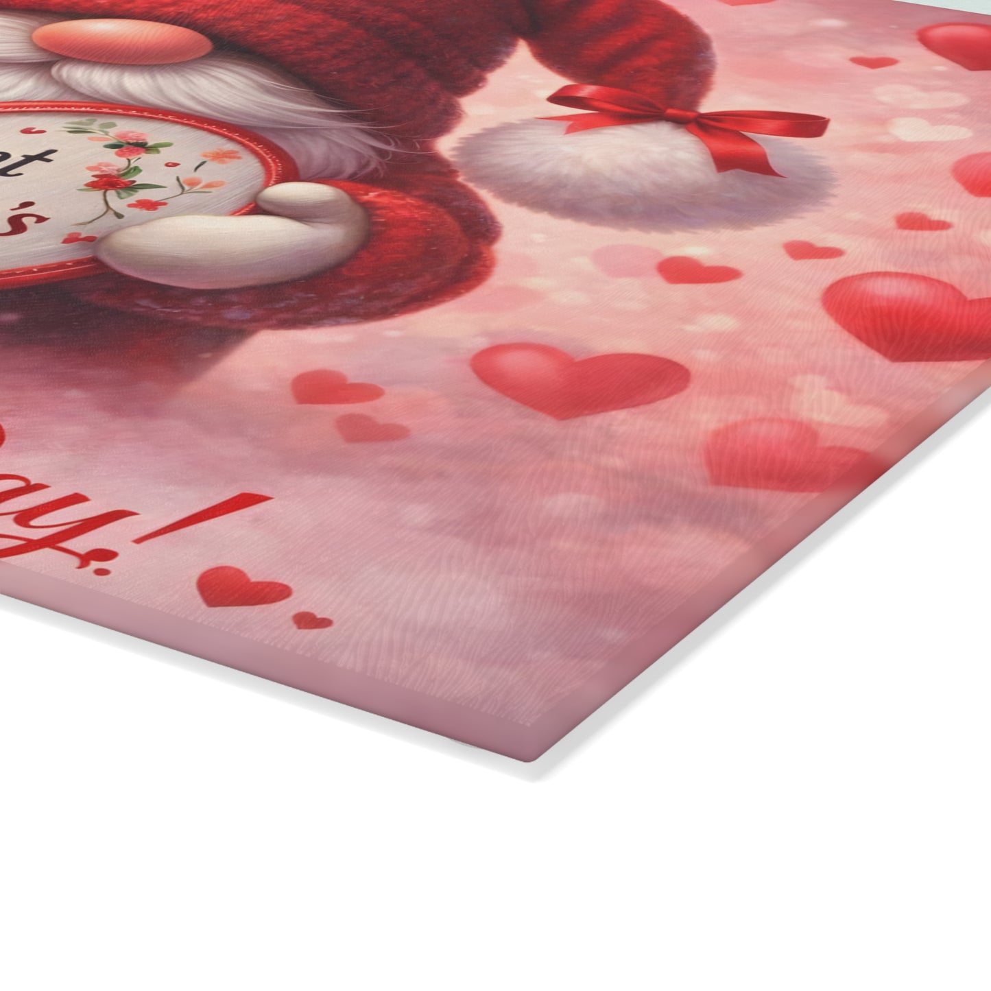 Valentine Gnome Glass Cutting Board – Romantic Heart-Themed Kitchen Décor