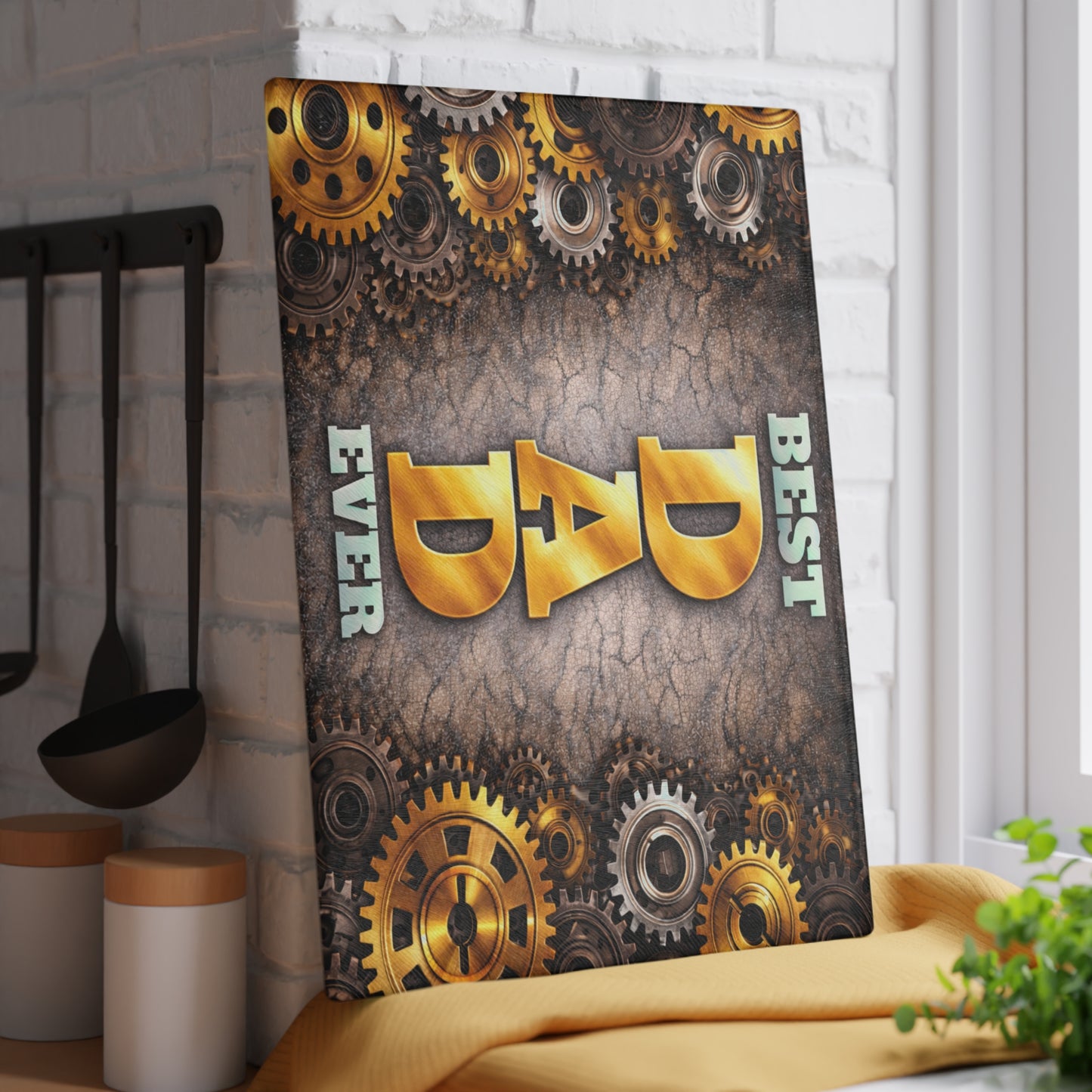 Best Dad Ever Glass Cutting Board – Industrial Gear Father Tribute Kitchen Art