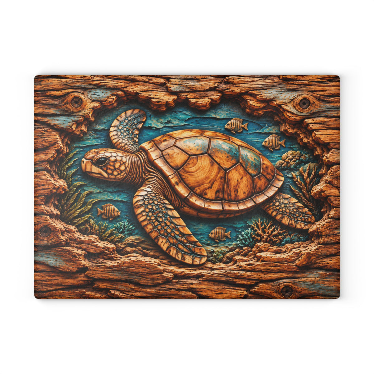 Ultra-Realistic 3D Wood-Carved Sea Turtle Cutting Board – High-Relief Pop-Out Illusion, Rustic Driftwood Frame & Underwater Ocean Kitchen Décor