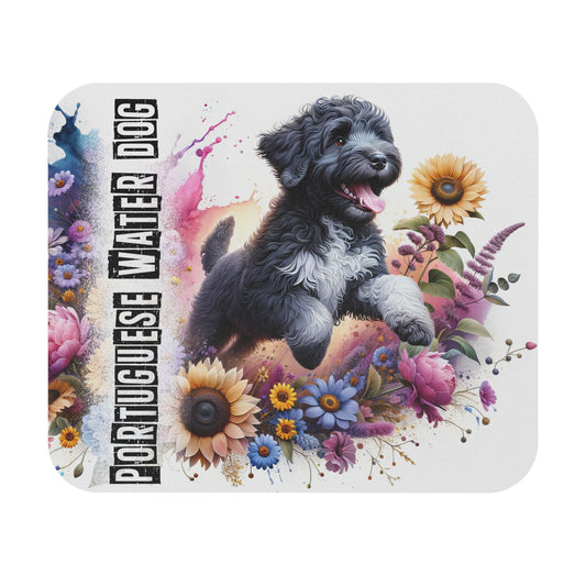 🖱️🐕‍🦺🌊 Portuguese Water Dog Mouse Pad – Playful PWD with Florals & Splashes
