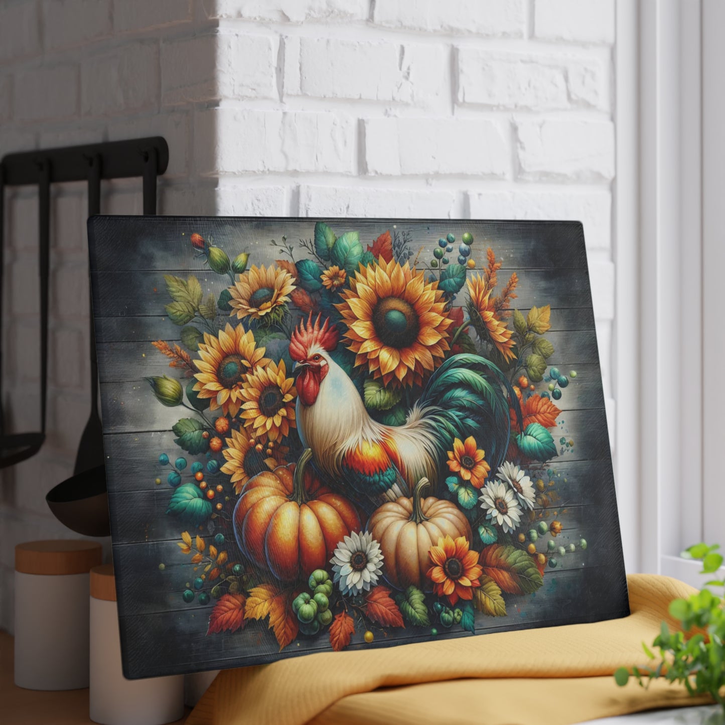 🐓🌻 “Harvest Rooster & Sunflowers” Glass Cutting Board – Cozy Autumn Charm for Your Kitchen