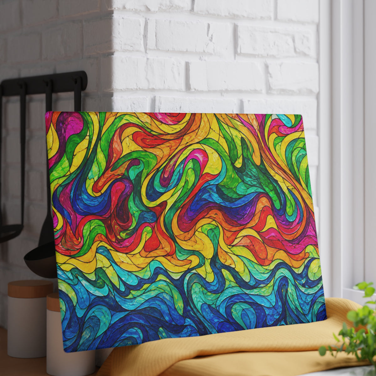 Rainbow Swirl Stained-Glass-Inspired Glass Cutting Board – Colorful Abstract Kitchen Decor