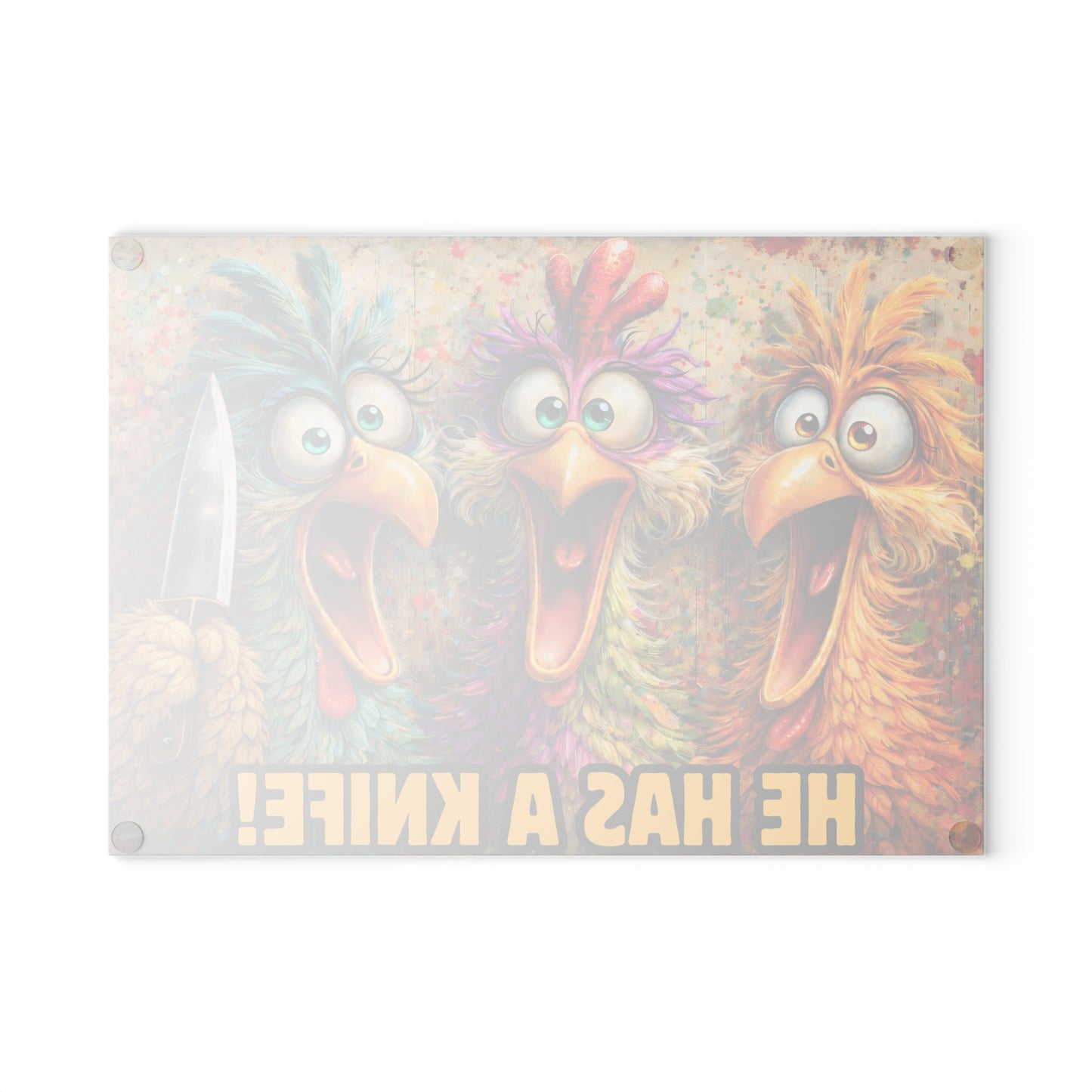 He Has a Knife! Funny Chicken Glass Cutting Board – Bold Farmhouse Kitchen Humor