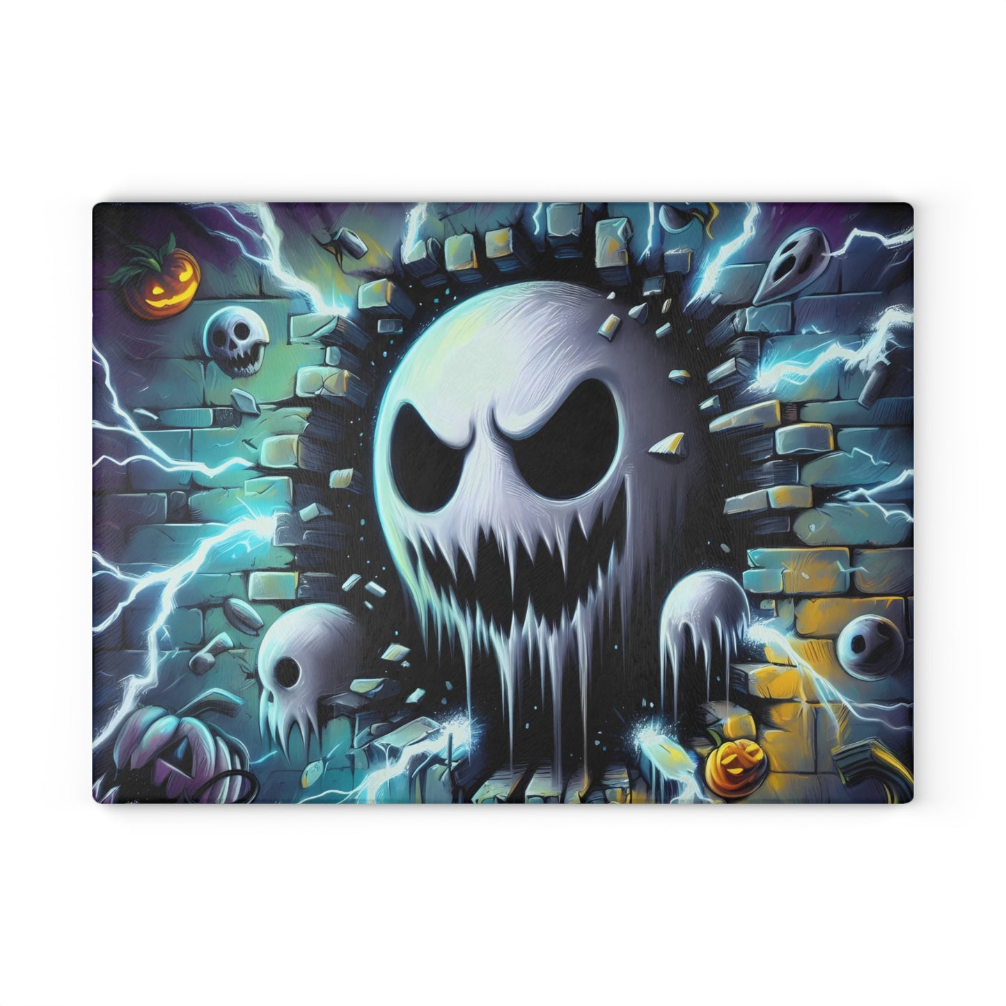 👻 Electric Ghost Face Cutting Board – Haunting Halloween Style with Skulls, Lightning & Bricks ⚡🎃