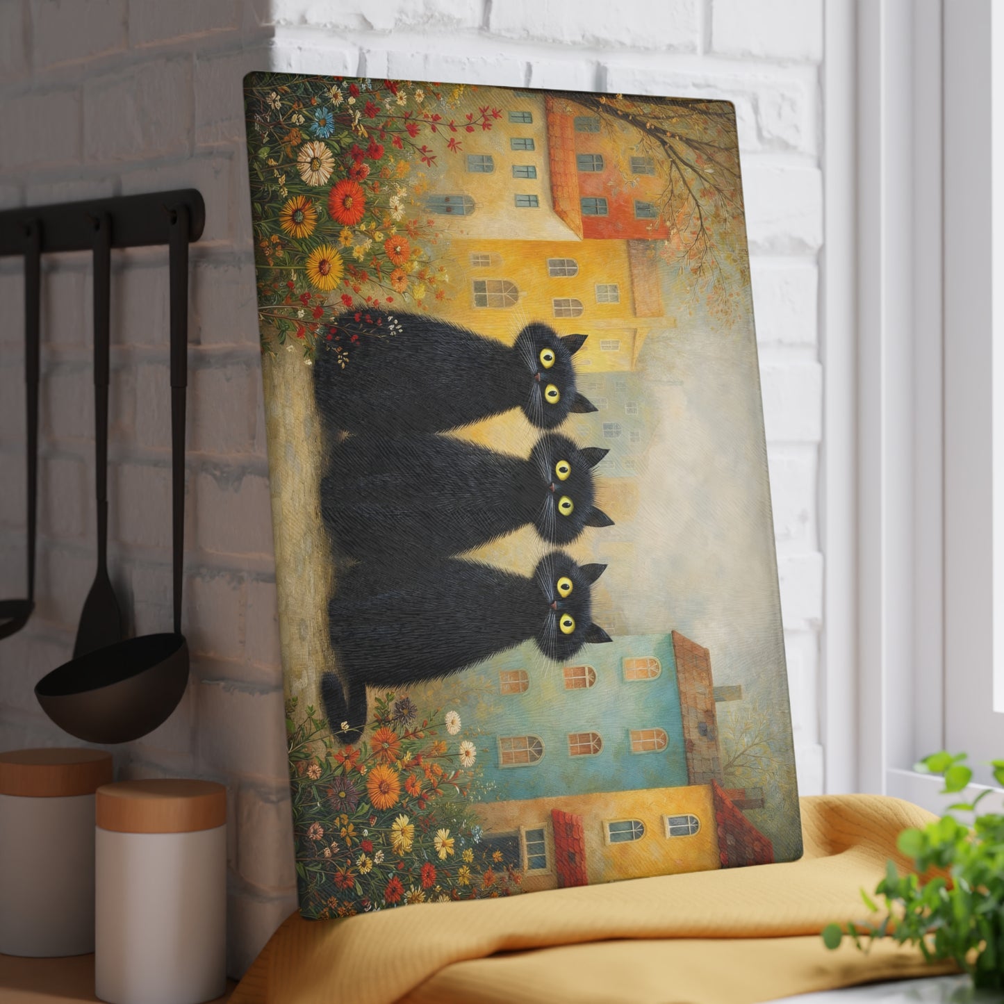 Whimsical Black Cats Village Scene Glass Cutting Board – Storybook Kitchen Art