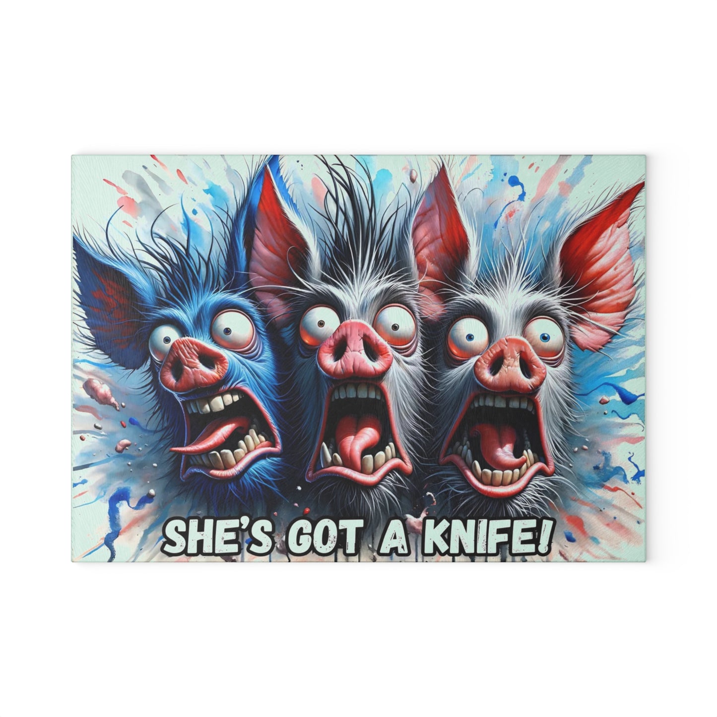 🐷🔪 “She’s Got a Knife!” Glass Cutting Board – Hilariously Spooky Farmhouse Vibes