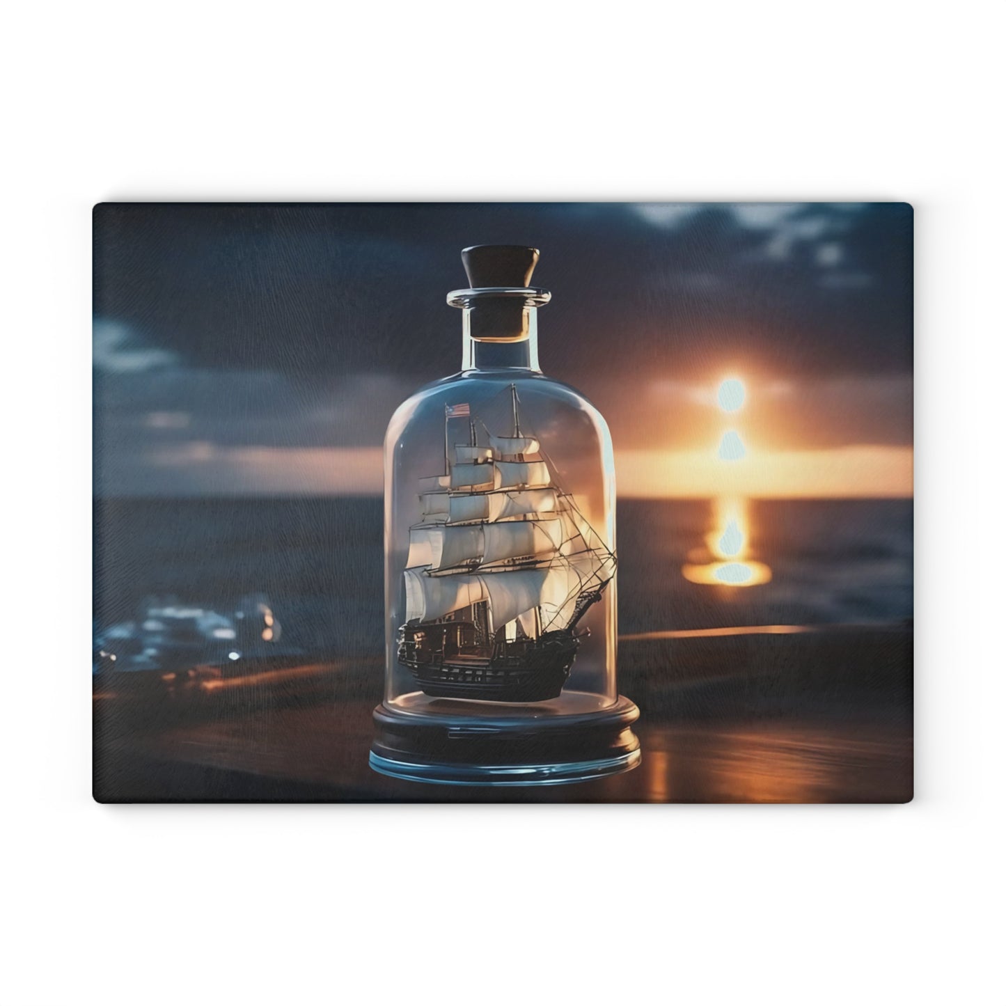 Tabla de cortar de vidrio templado con un barco antiguo en una botella: diseño de atardecer náutico