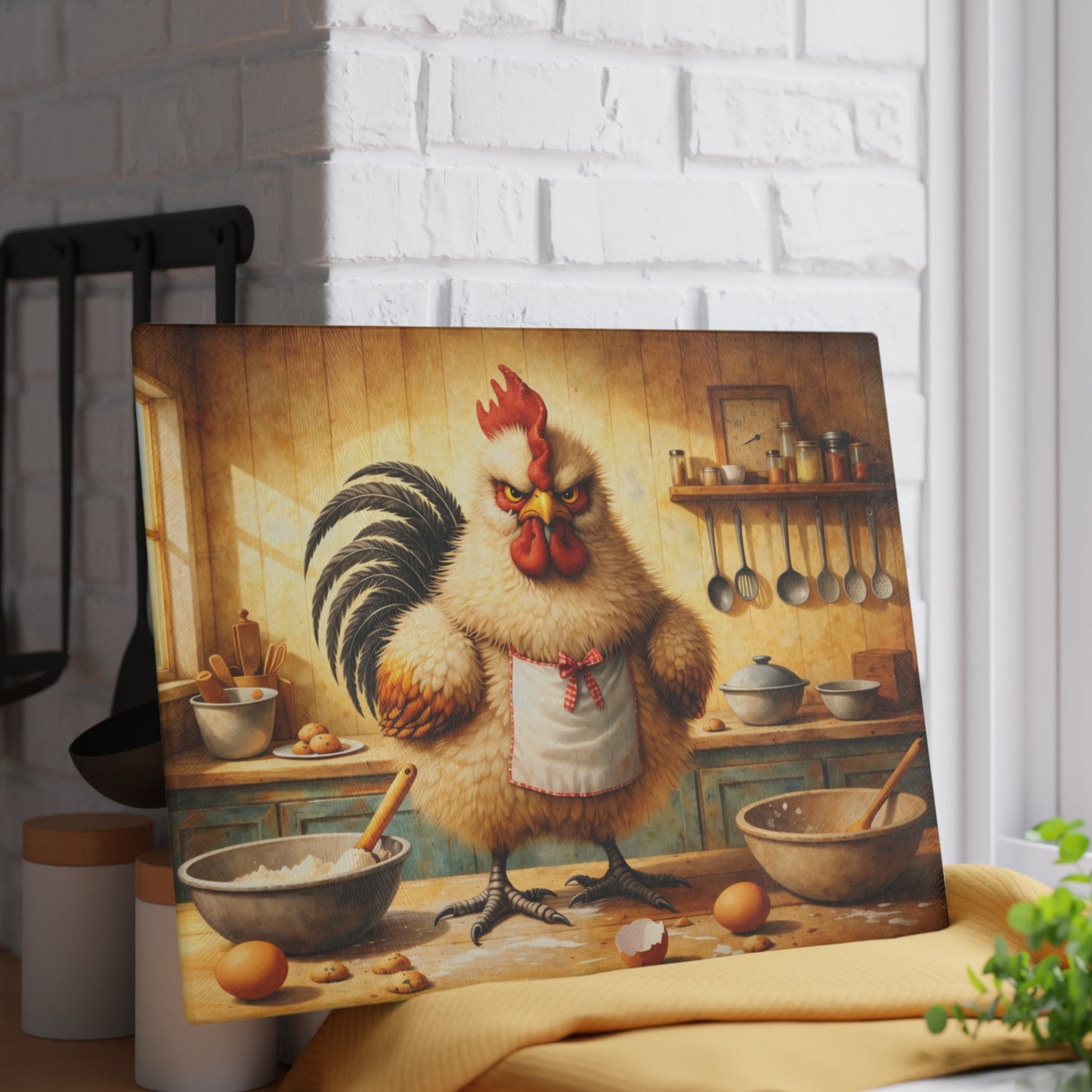 Feisty Farmhouse Chicken Glass Cutting Board – Rustic Kitchen Art with Attitude