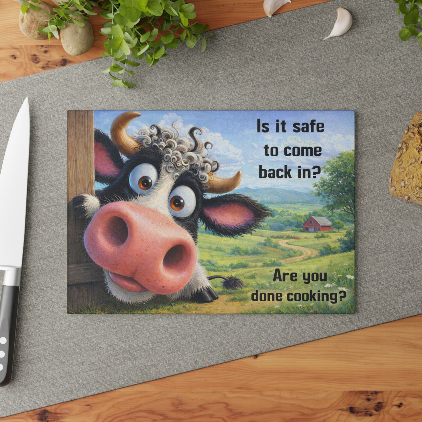 Is It Safe to Come Back In? Funny Farm Cow Glass Cutting Board – Whimsical Country Kitchen Humor