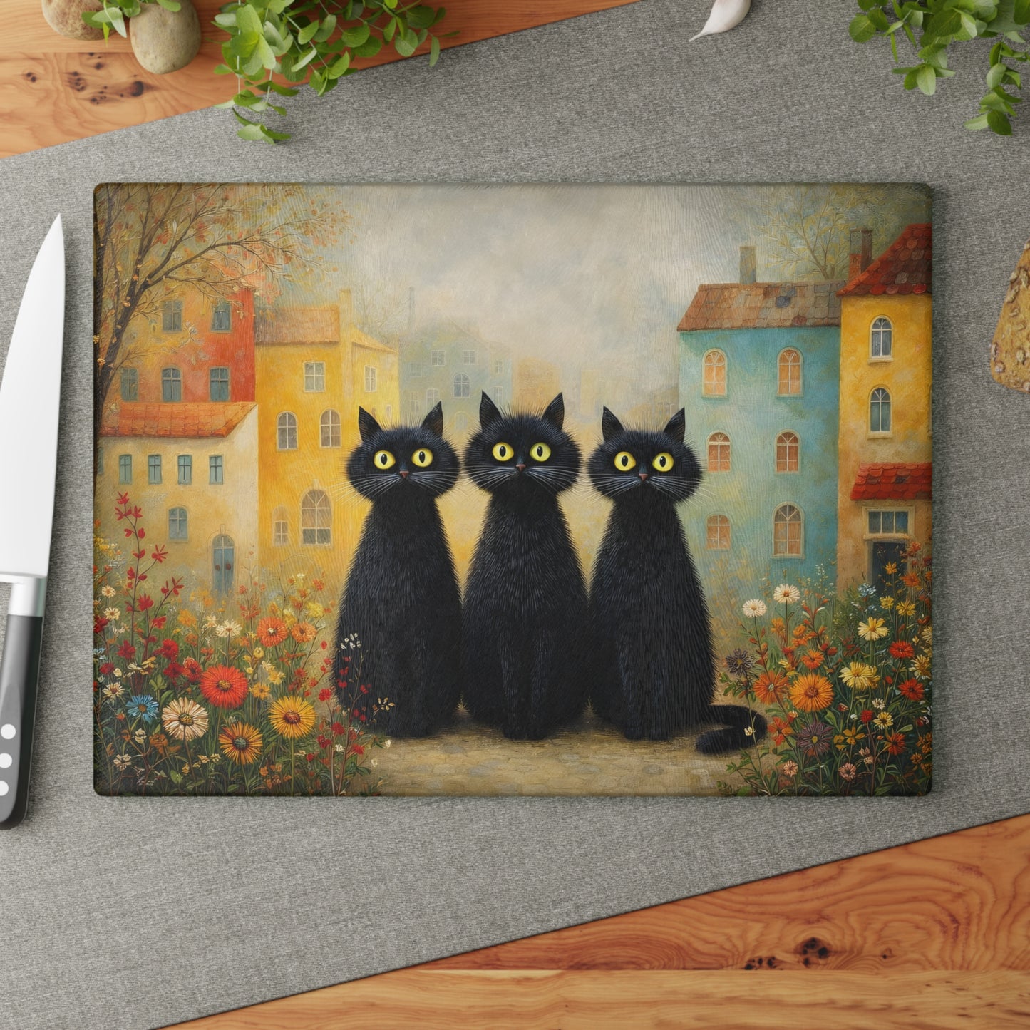 Whimsical Black Cats Village Scene Glass Cutting Board – Storybook Kitchen Art