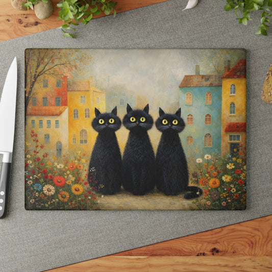 Whimsical Black Cats Village Scene Glass Cutting Board – Storybook Kitchen Art