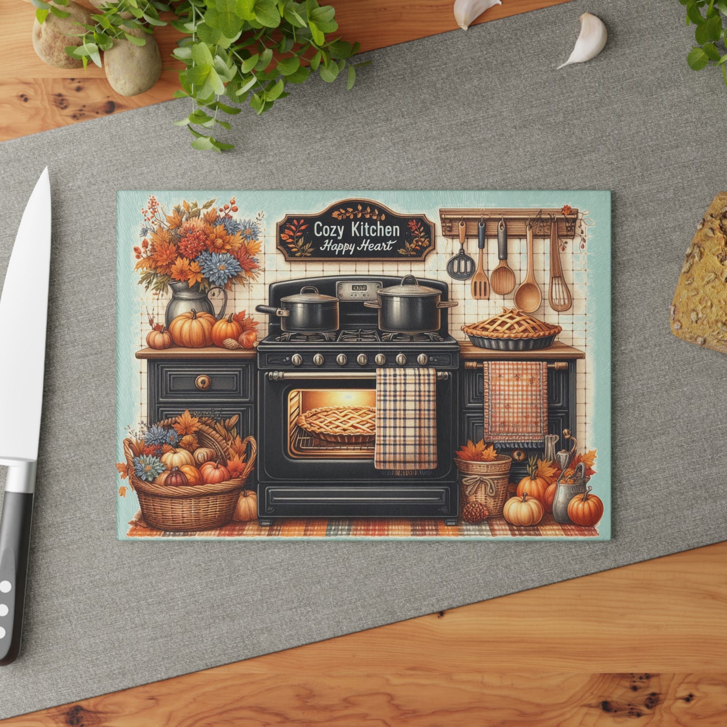 Cozy Autumn Kitchen Cutting Board – Warm Fall Baking & Harvest Décor