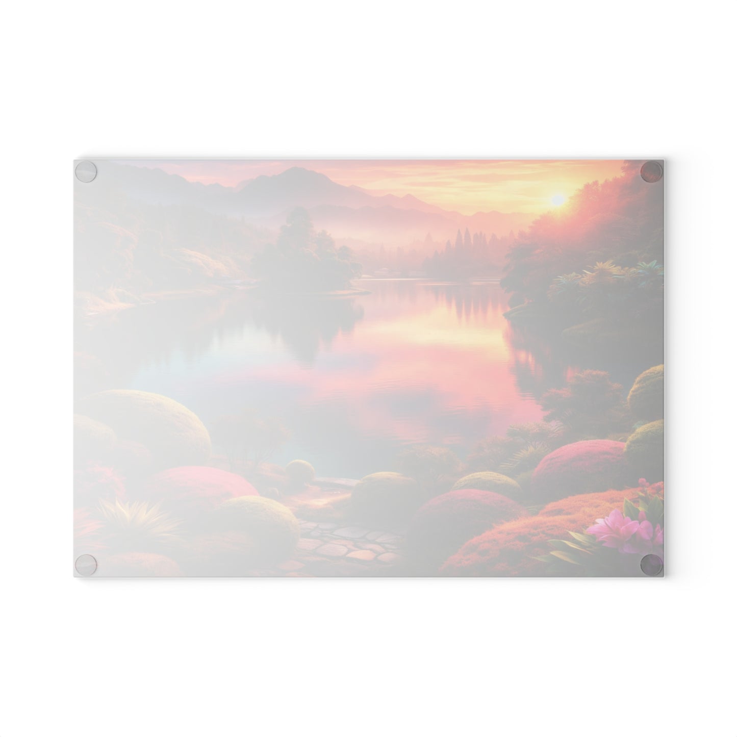 Sunset Garden Lake Glass Cutting Board – Vibrant Nature Landscape Kitchen Art