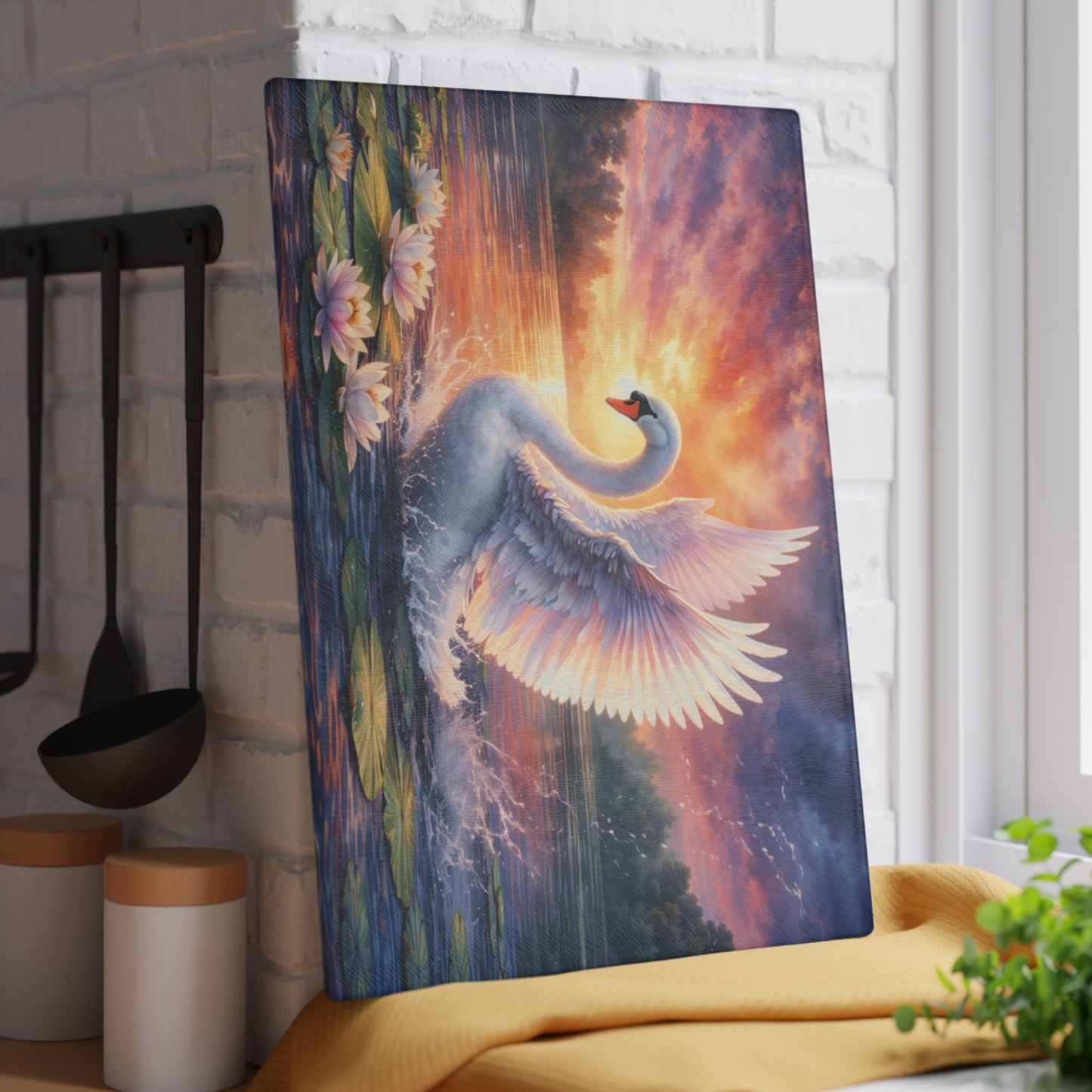 Graceful Swan Sunset Glass Cutting Board – Elegant Lake Nature Kitchen Art
