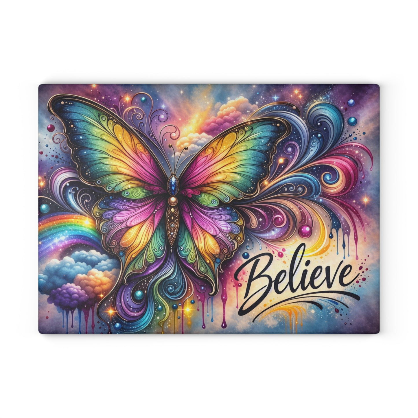 Believe Butterfly Glass Cutting Board – Rainbow Butterfly Inspirational Kitchen Art