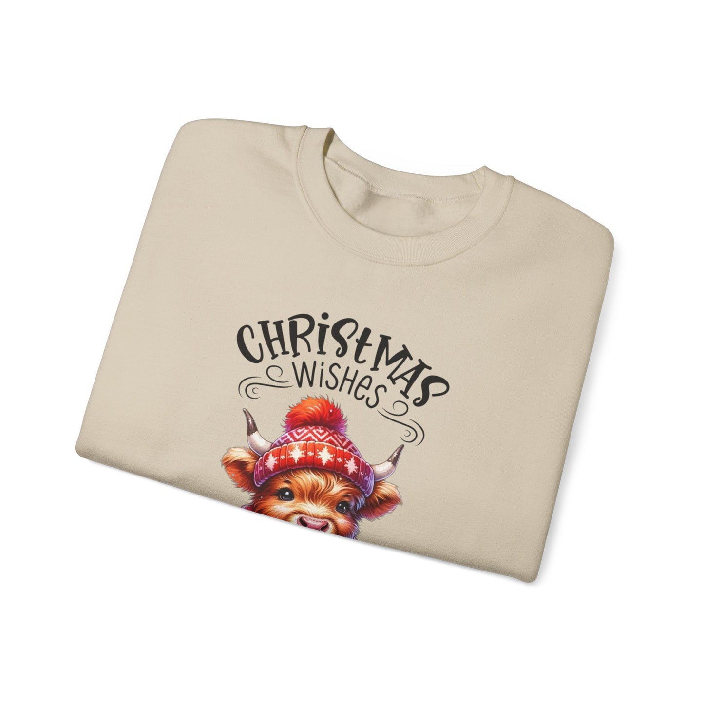 🎄☕🐮 Christmas Wishes and Cocoa Kisses Sweatshirt – Cozy Highland Cow Holiday Sweater ❄️❤️