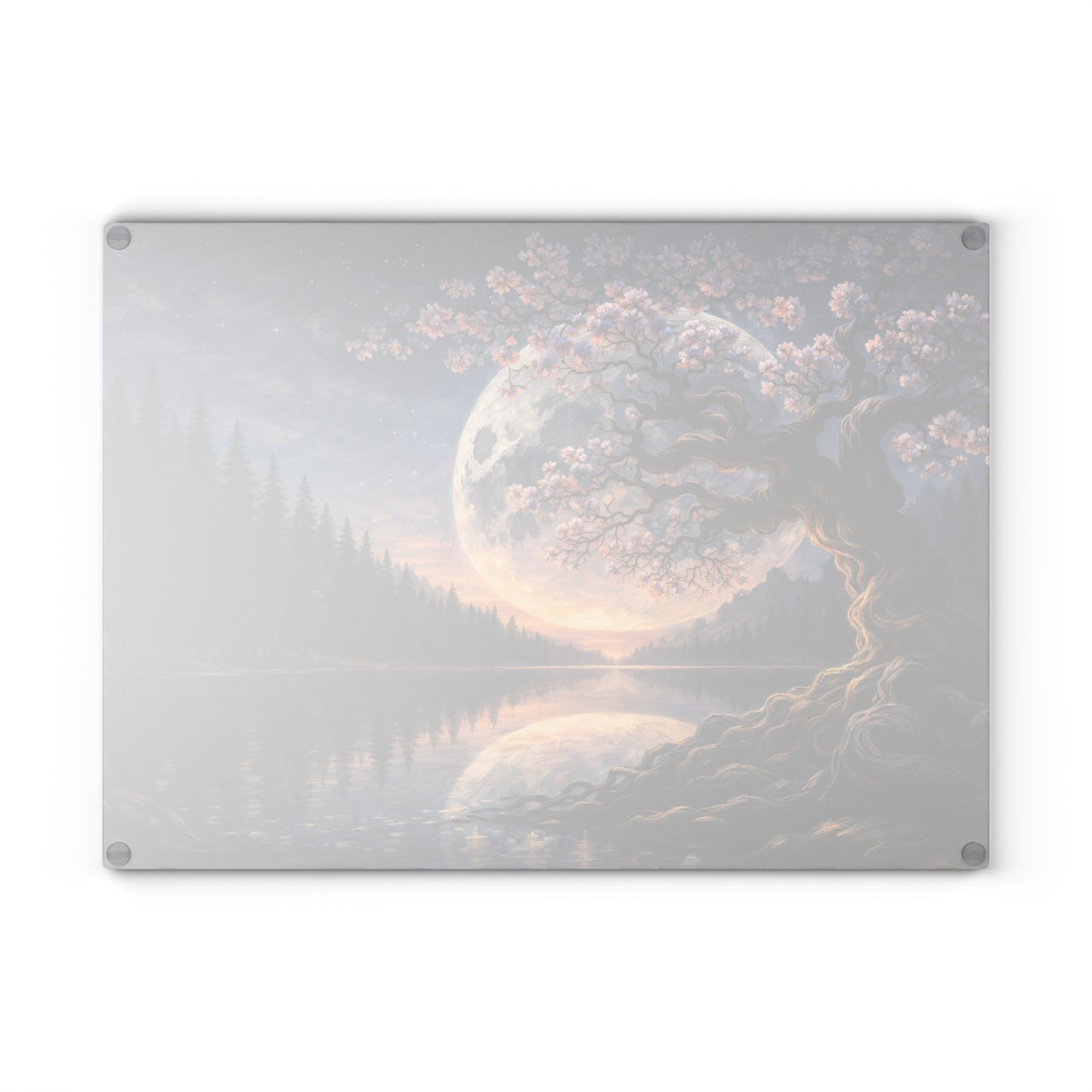 Moonlit Blossom Tree Glass Cutting Board – Dreamlike Night Landscape Art