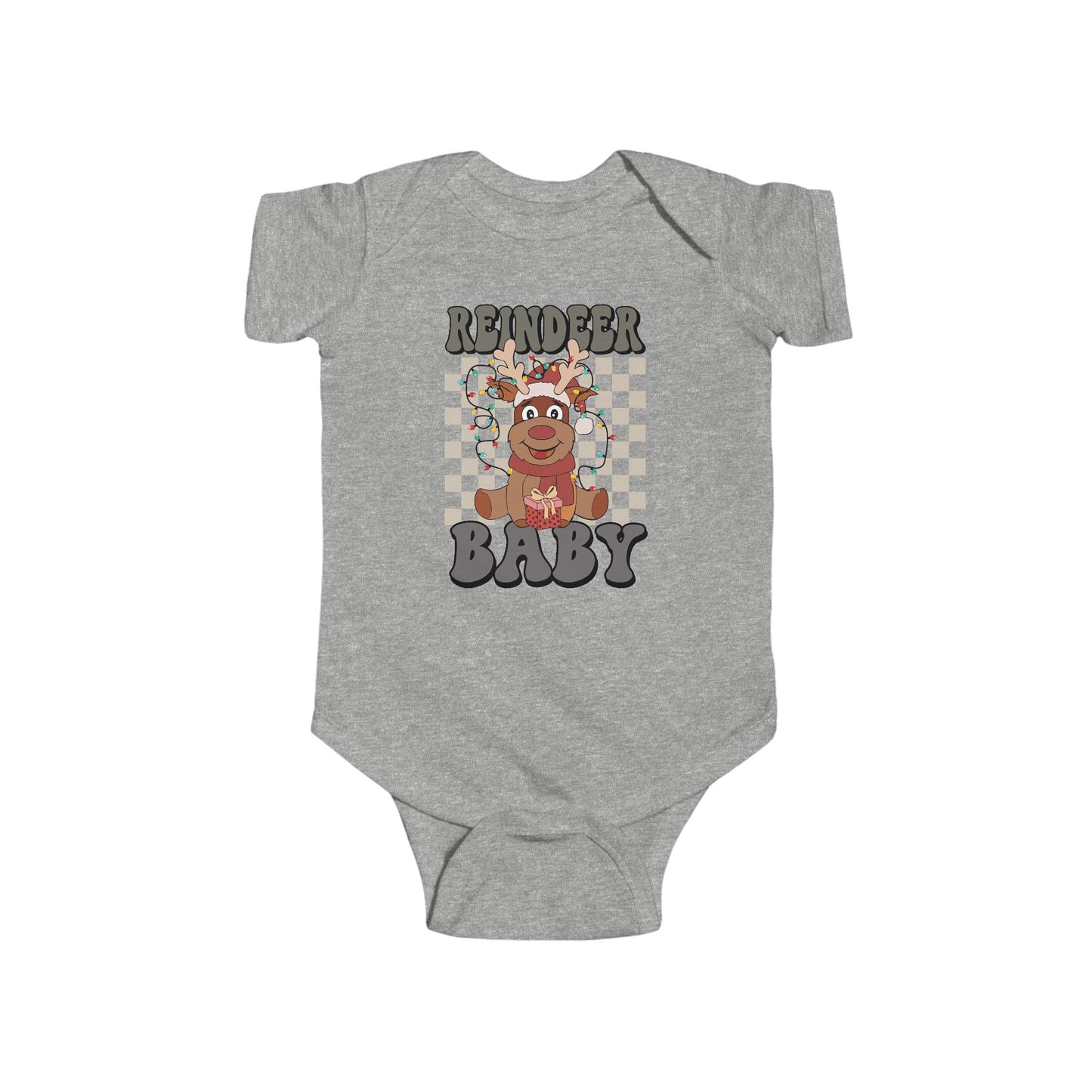 🎁 Reindeer Baby Onesie – Cozy Checkered Lights Edition 🦌✨