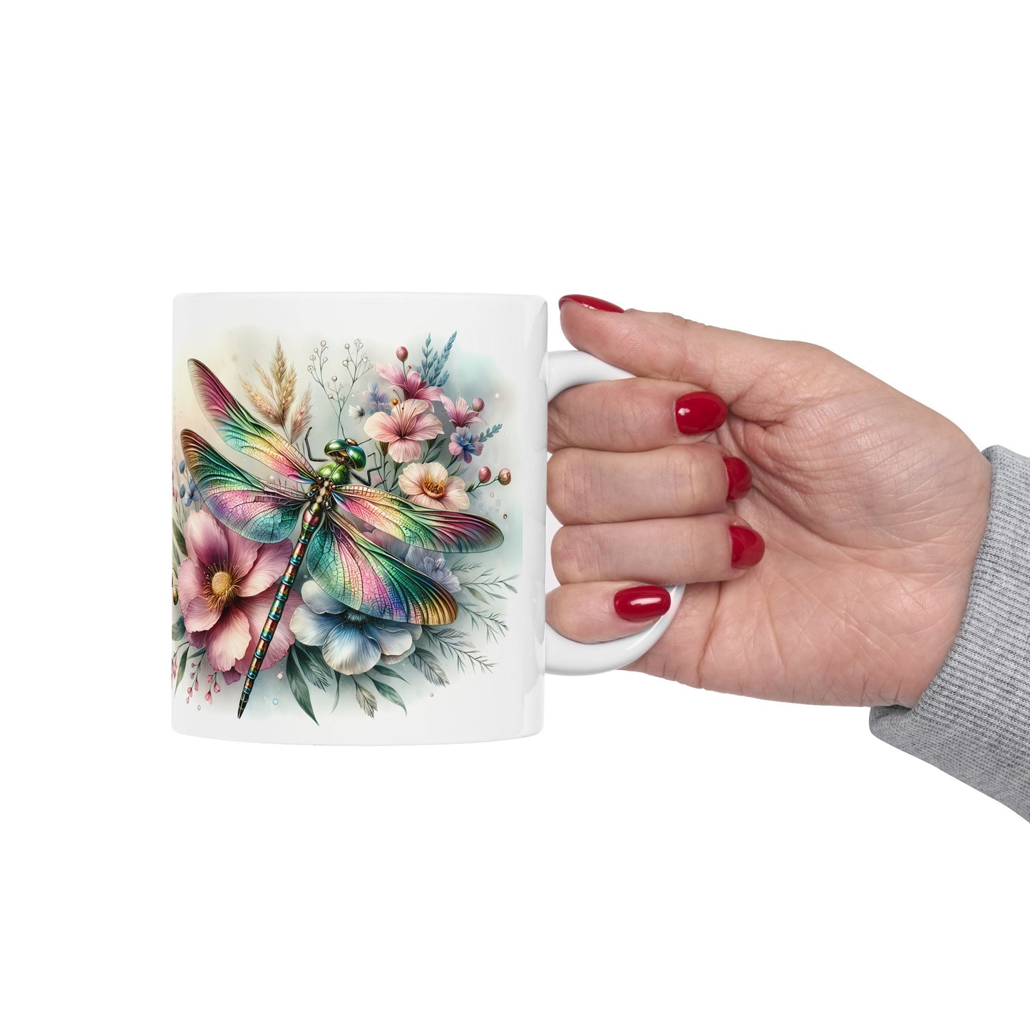 🌈 Magia del Jardín Arcoíris – Envoltorio para Taza de Café con Libélula Vibrante ☕