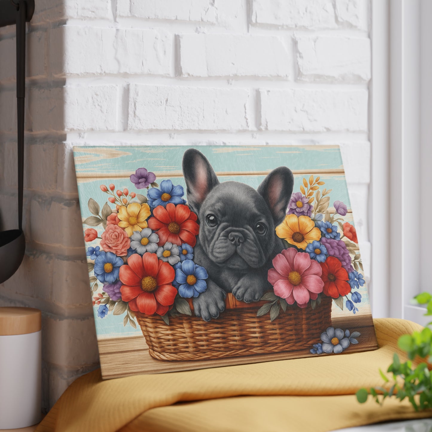 🐾 Gray French Bulldog in Bloom Basket Cutting Board – Frenchie Charm Meets Floral Elegance 🌸