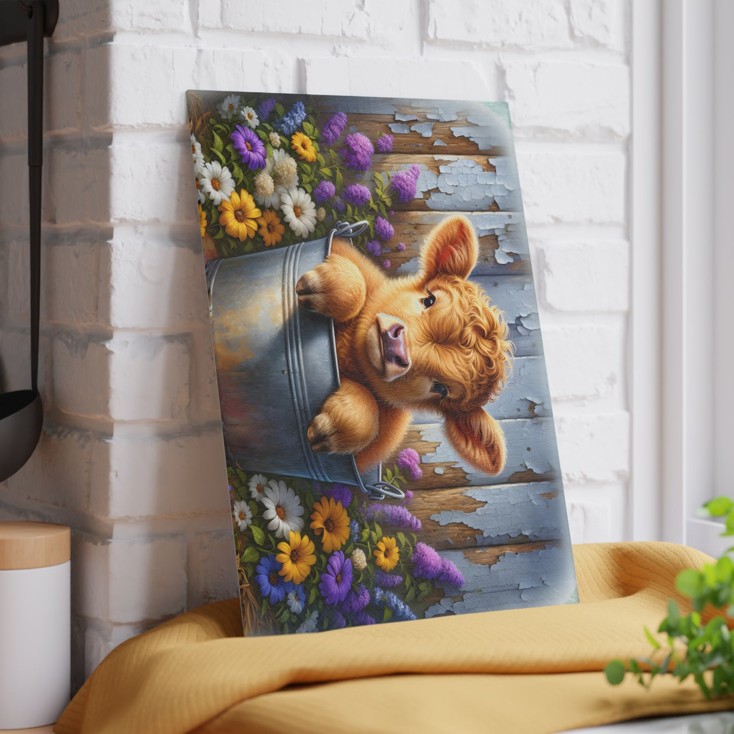 🐮🌸 Baby Highland Cow in Pail Glass Cutting Board – Country Charm with Flowers & Rustic Fence 🌼🪵