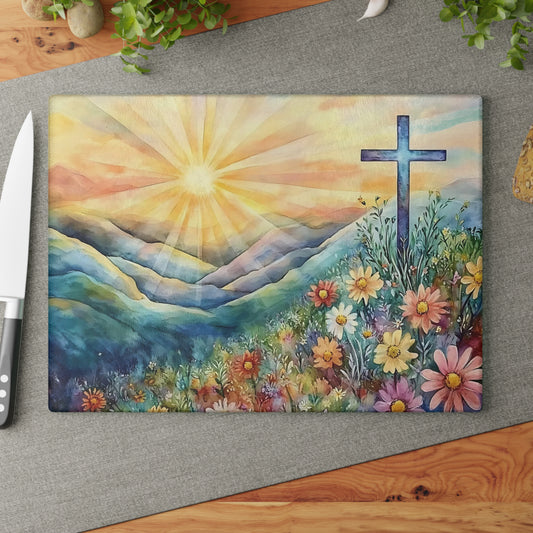 🌄🌸 Sunrise Mountain Cross Cutting Board – Peaceful Faith Kitchen Décor with Florals & Radiant Light ✝️✨