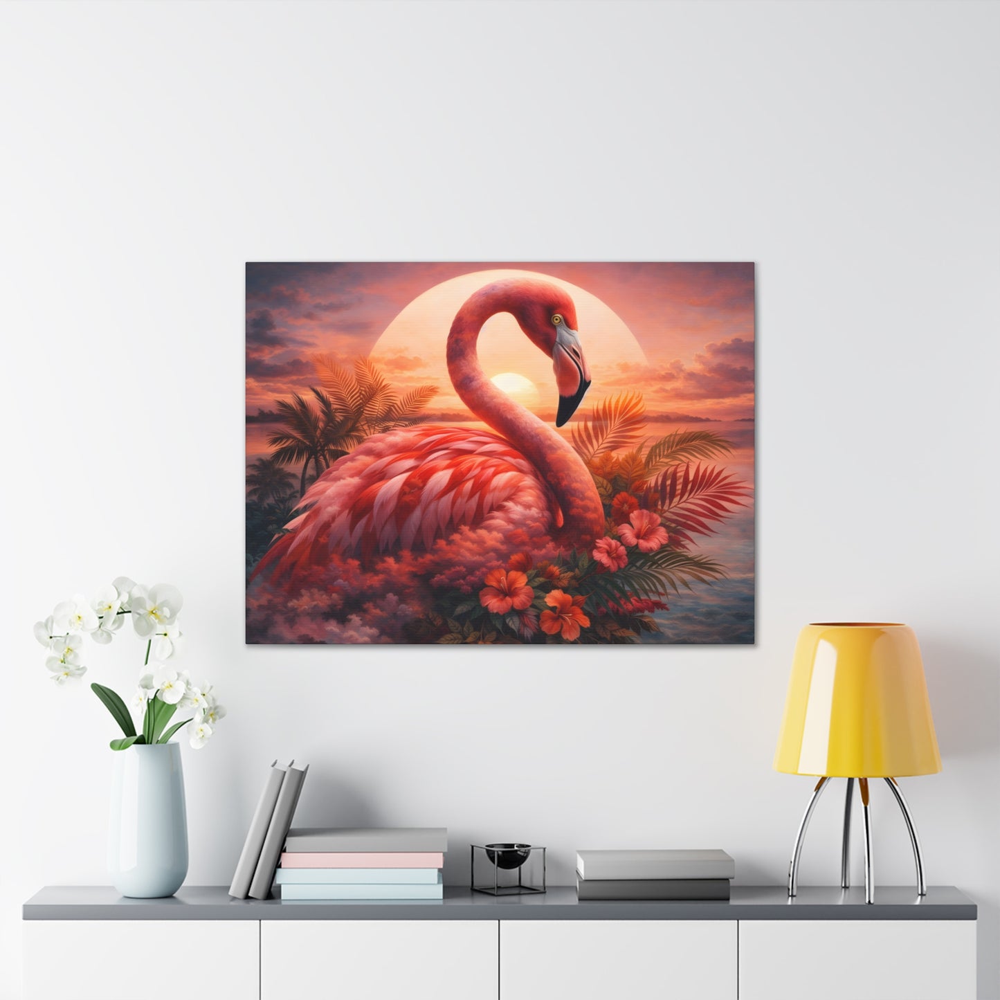 Flamingo Sunset Canvas Wall Art - Tropical Beach Sunset Print