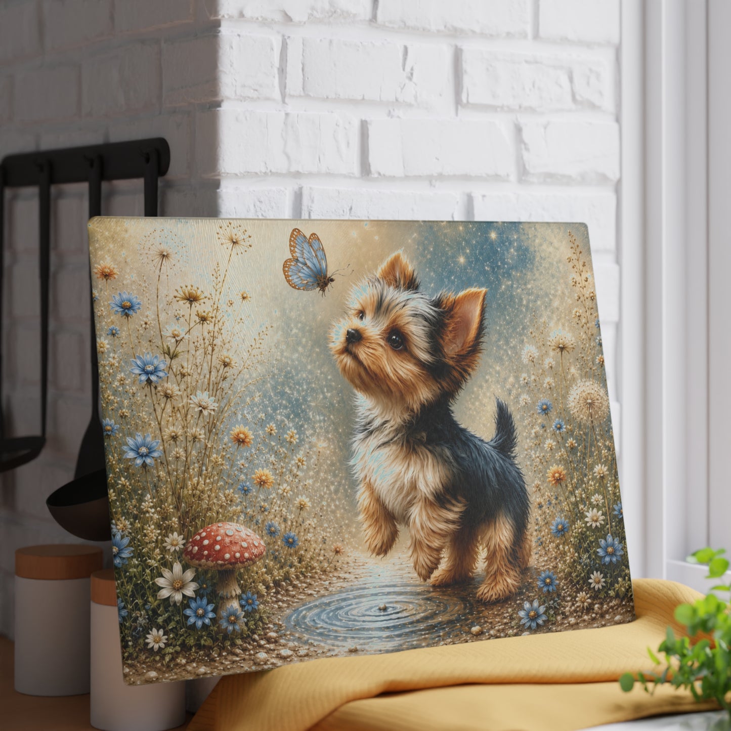 Whimsical Yorkie Butterfly Glass Cutting Board