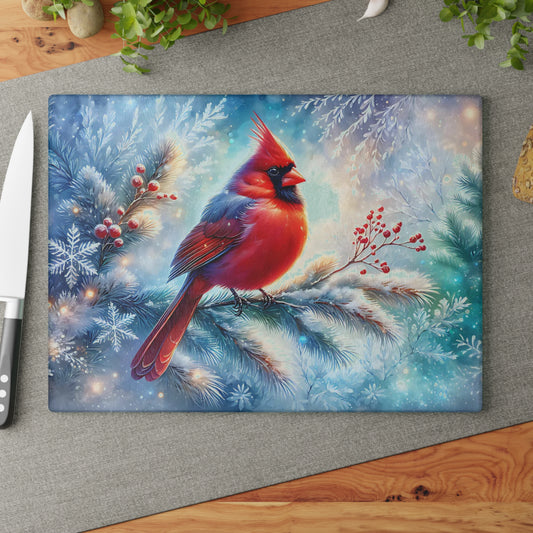 Cardinal Winter Scene Glass Cutting Board – Seasonal Kitchen Art