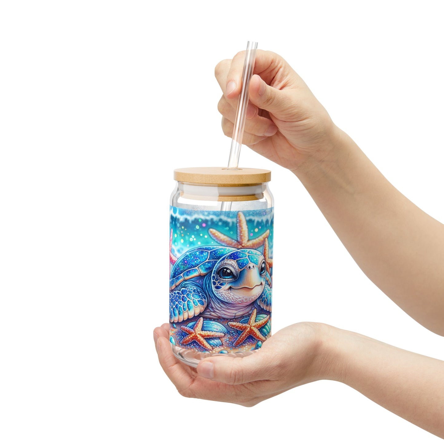 Vaso para sorbos con diseño de tortuga marina con brillo playero: una belleza costera para sorbos de verano.