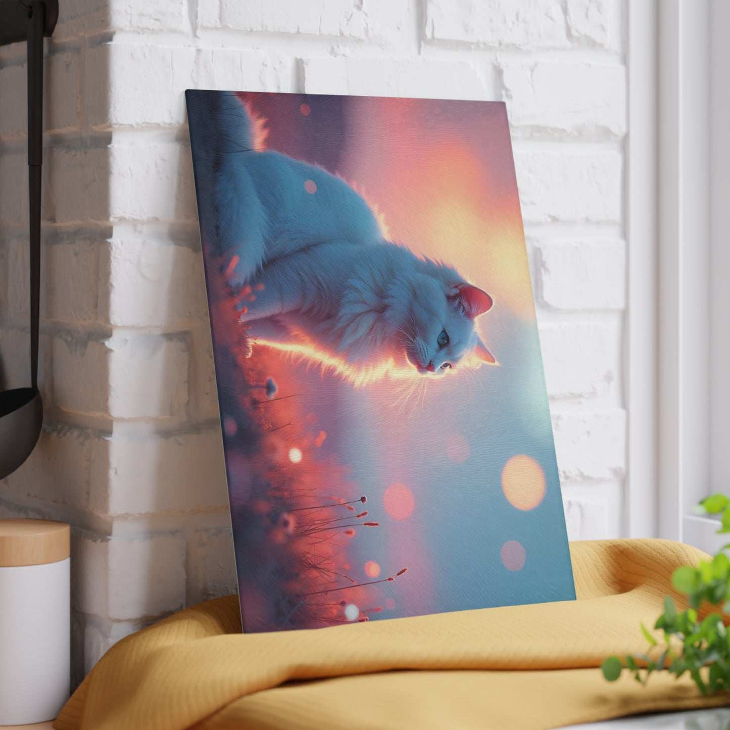 🐱🌅 White Cat Sunset Glow Cutting Board – Serene Elegance for Your Kitchen ✨