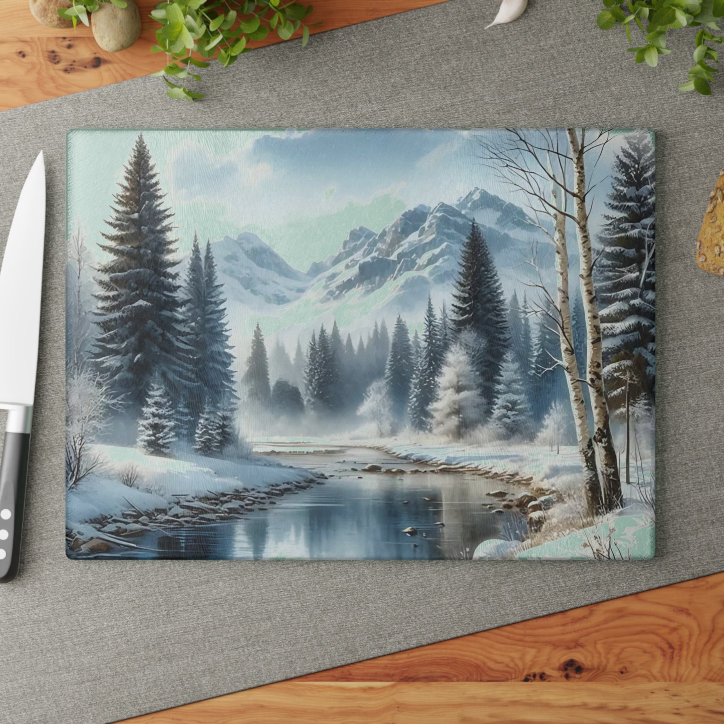 ❄️ Winter River Forest Cutting Board – Serene Snowy Escape for Your Kitchen 🏞️