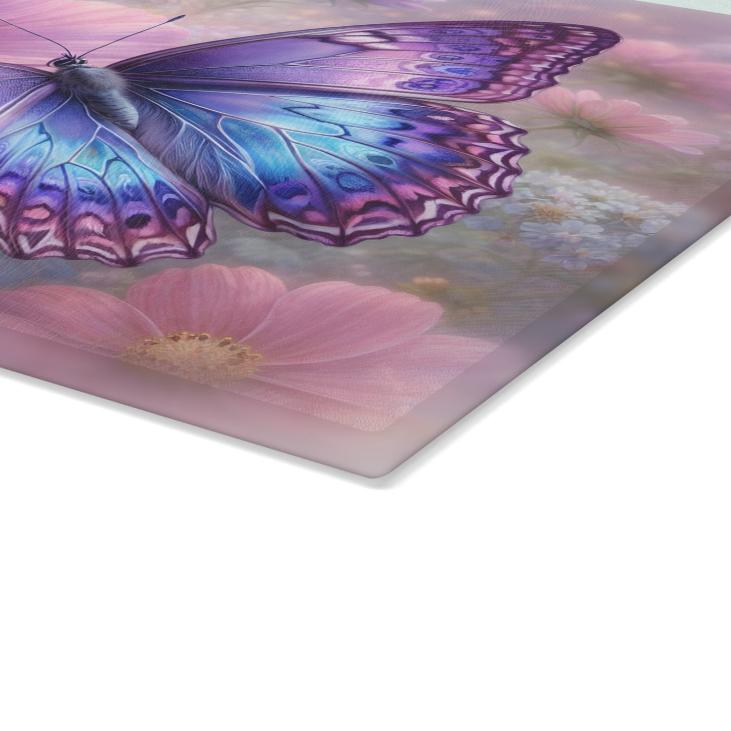 Purple & Blue Butterfly Glass Cutting Board – Dreamy Cosmos Floral Butterfly Art