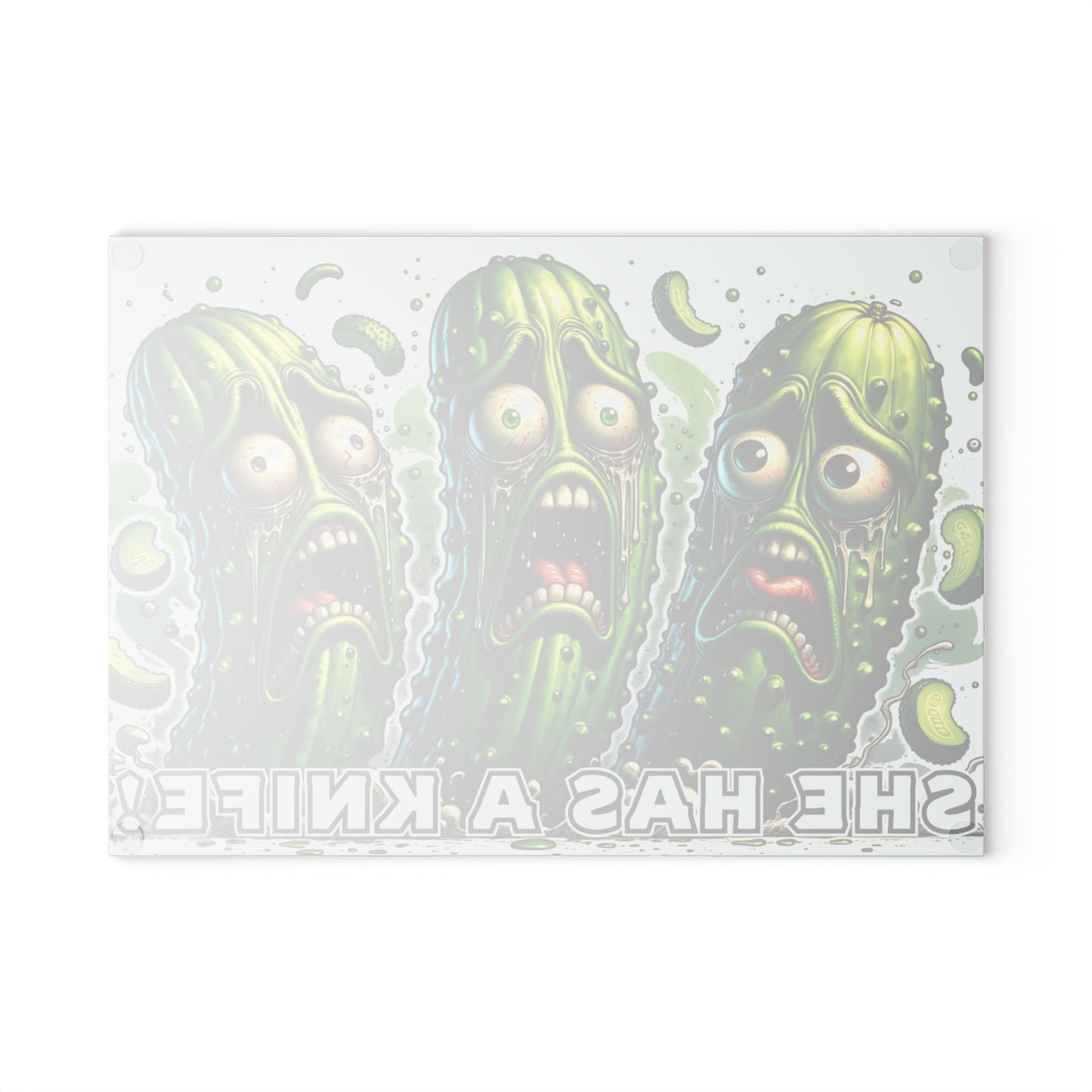 🥒😂 “She Has a Knife!” Glass Cutting Board – Pickle Panic in the Kitchen