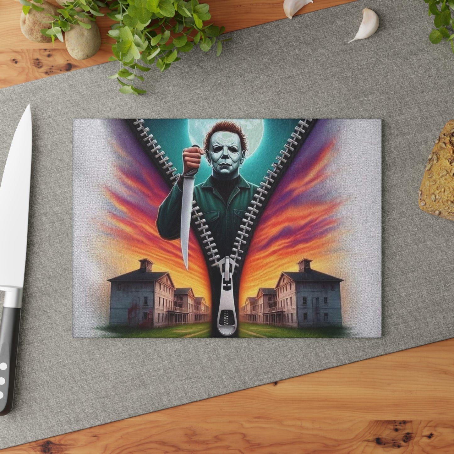 🔪 Sunset Madness Cutting Board – Zip Through the Chaos in Style